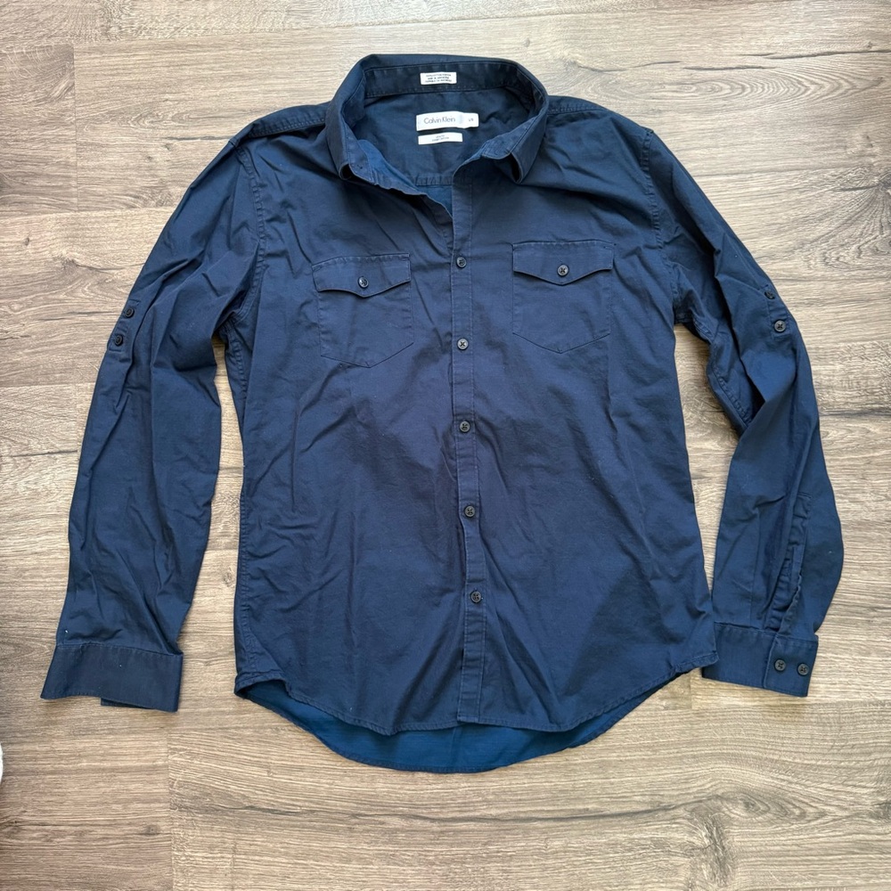 Calvin Klein Navy Blue Button Up Shirt size Large Men Slim Fit